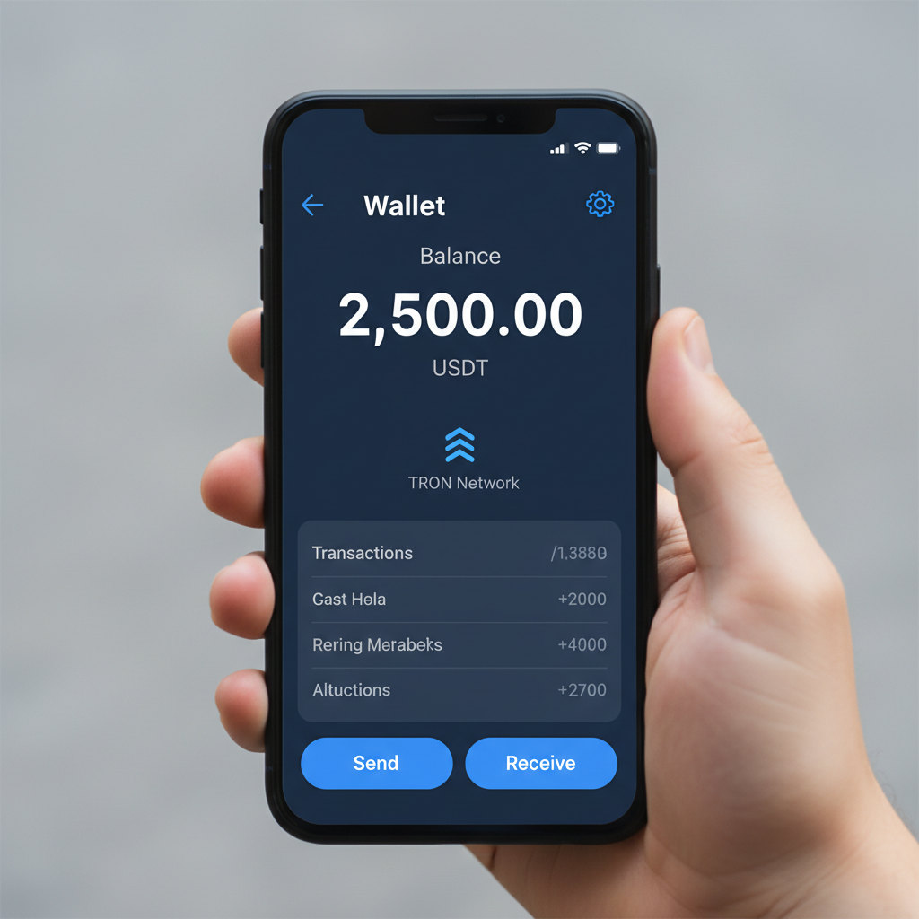 street vendor smartphone screen showing Trust Wallet with USDT balance funded on Tron network, clean modern UI, realistic photo