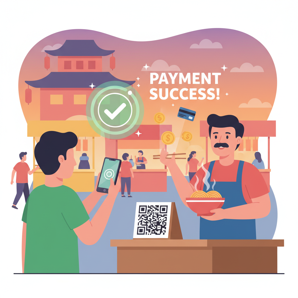 customer scanning vendor QR code with phone at street stall, payment success animation