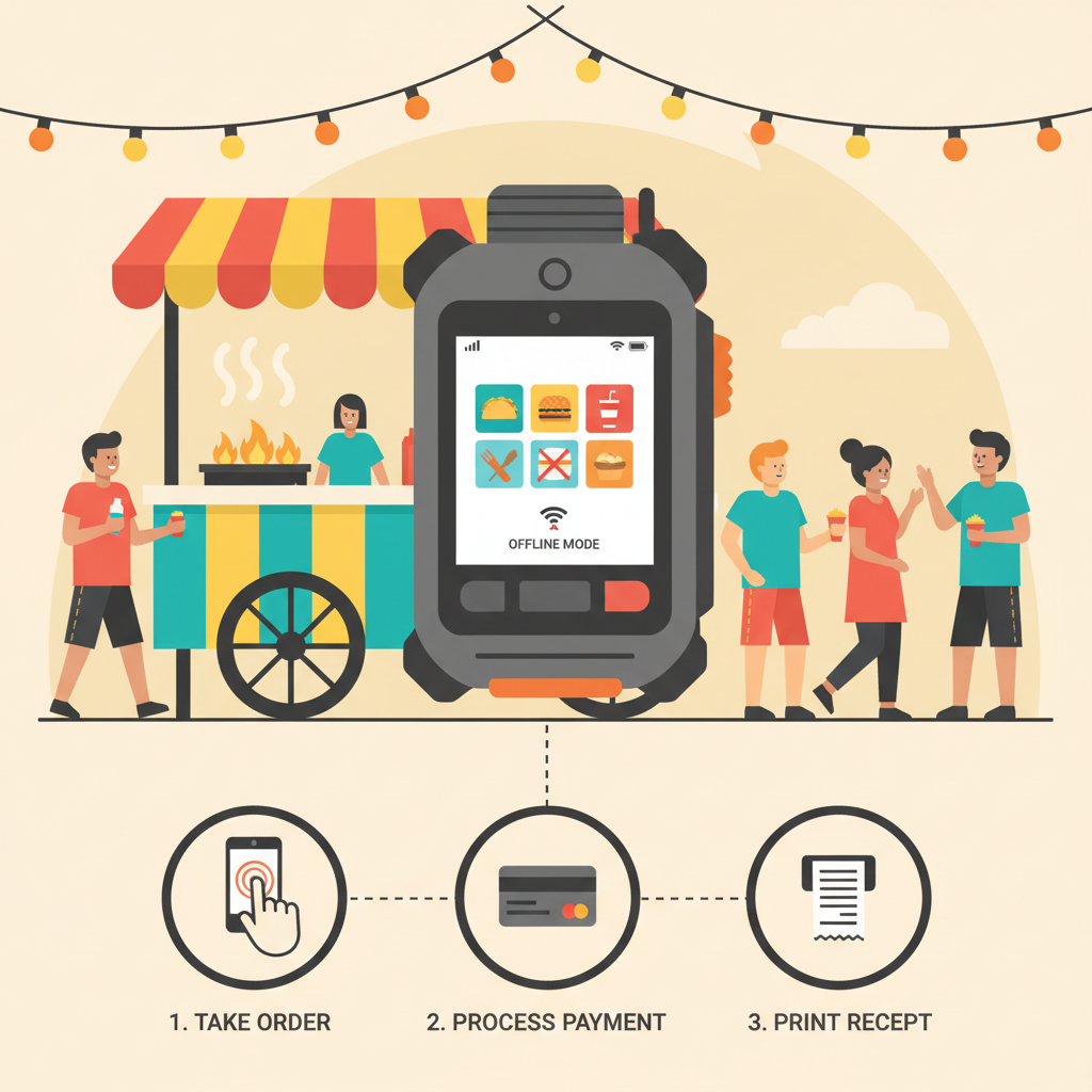 rugged mobile POS terminal for food truck, weatherproof, offline mode, vibrant street food cart background