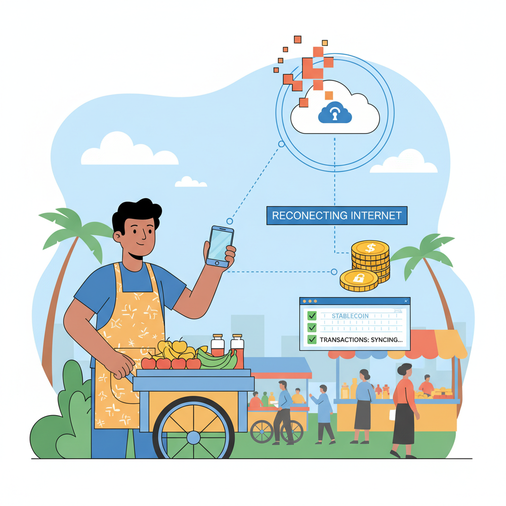street vendor phone syncing stablecoin transactions reconnecting internet cloud