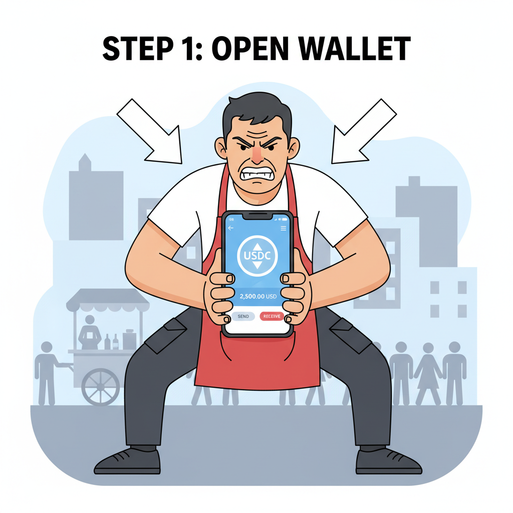 street vendor gripping phone with open USDC wallet app, aggressive stance