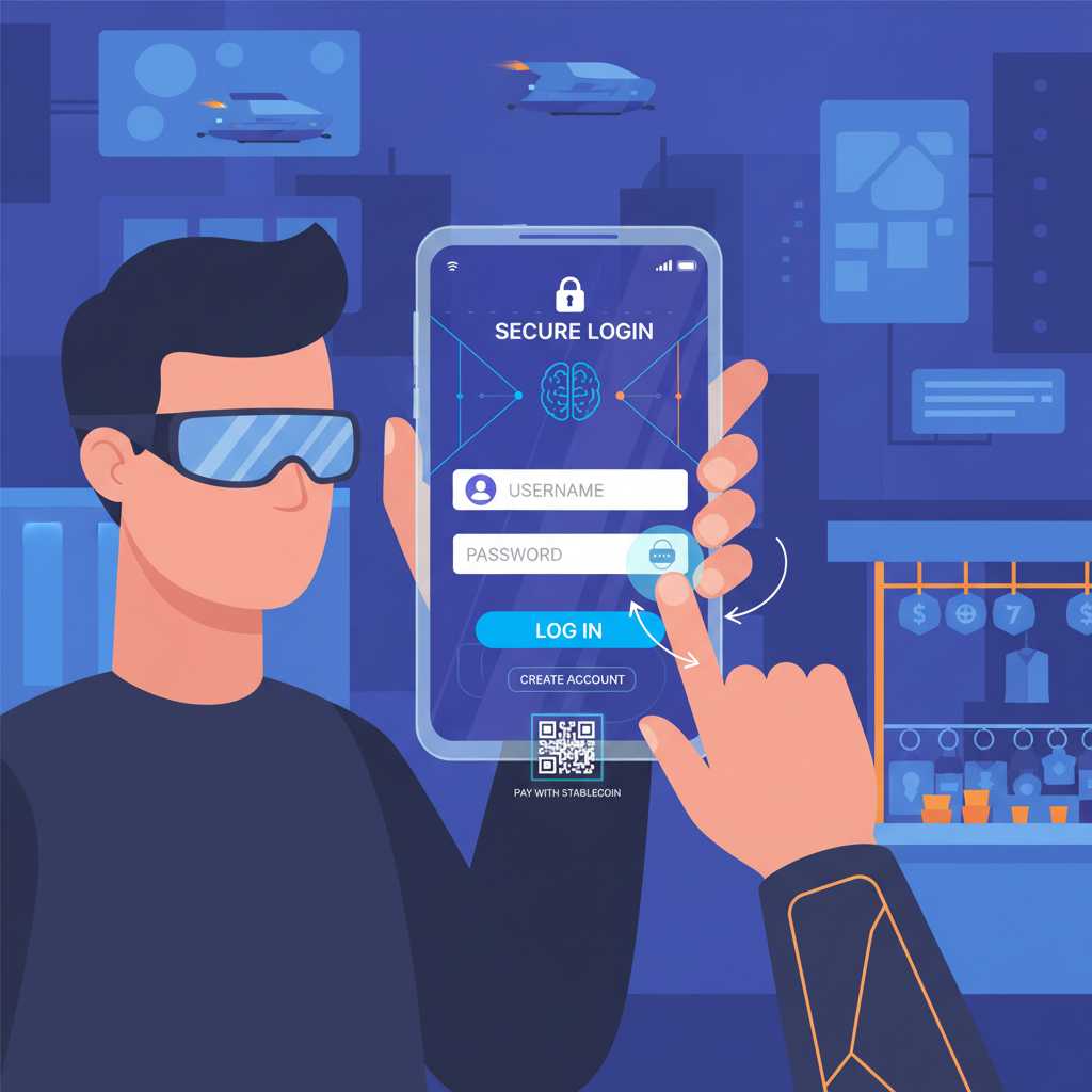 pop-up market merchant creating account on mobile app for stablecoin payments, secure login screen, professional vibe, detailed UI, cyberpunk style