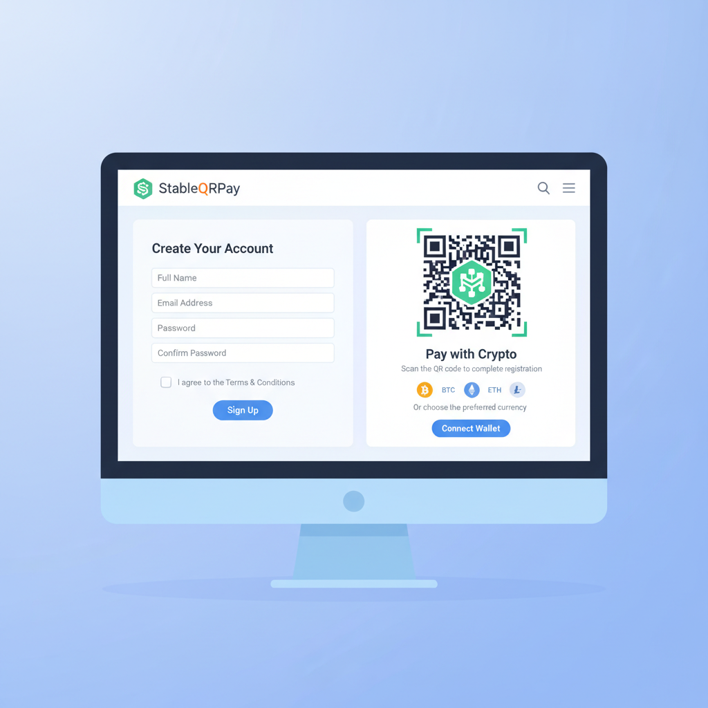 computer screen showing registration form on StableQRPay website, crypto QR payment interface, clean modern design