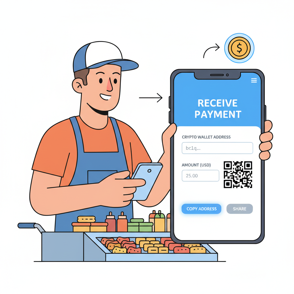 street vendor on smartphone entering crypto wallet address on simple website interface, professional clean design