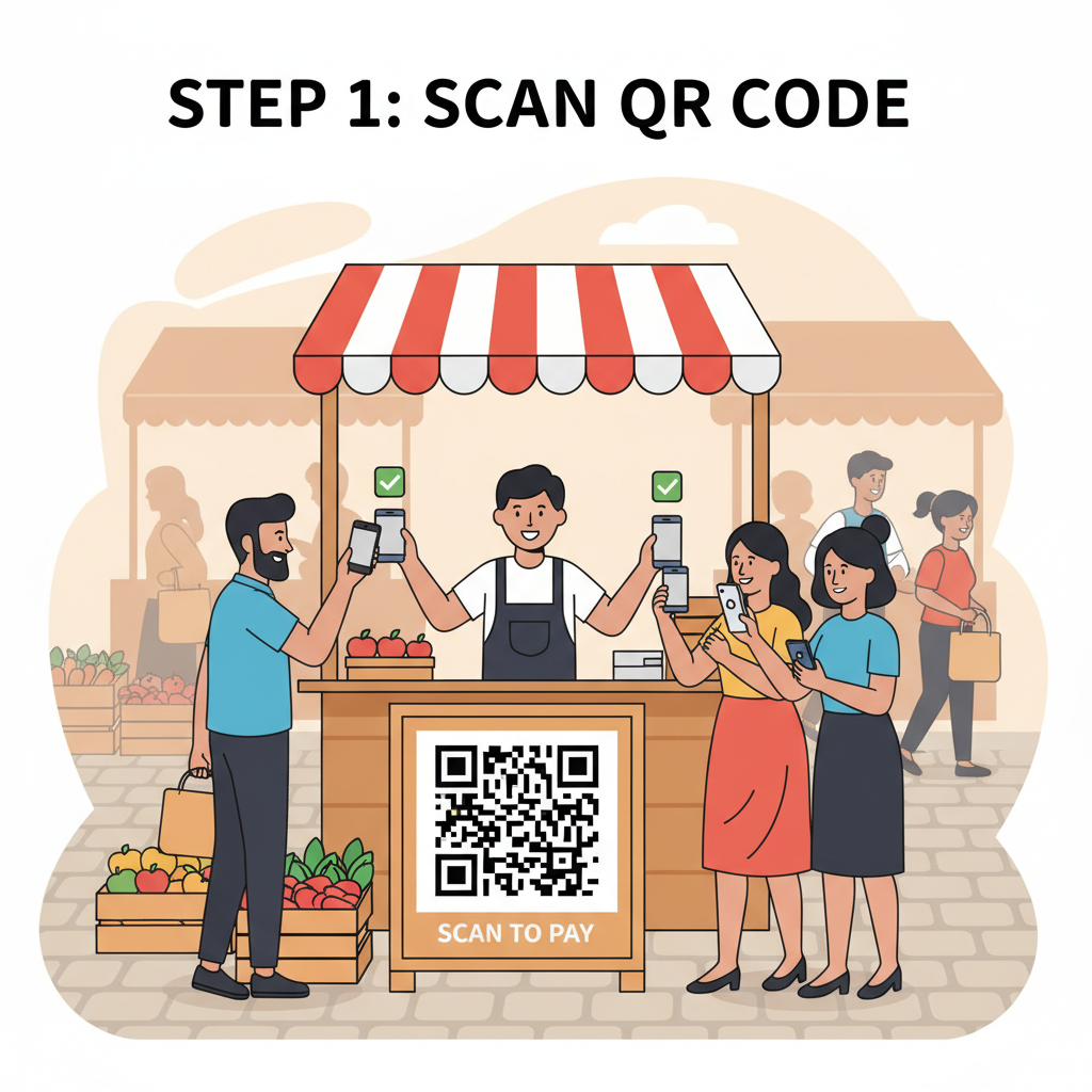 street vendor stall with large printed QR code, customers scanning phones, bustling market scene