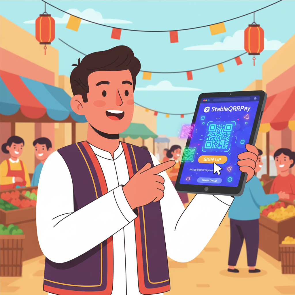 energetic merchant signing up on vibrant StableQRPay website dashboard, neon QR codes glowing, street market background