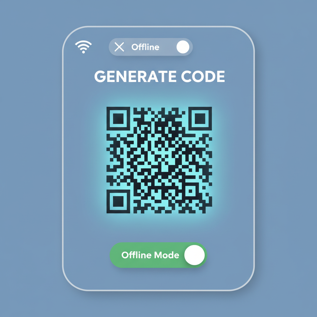 app screen generating glowing QR code, offline mode toggle