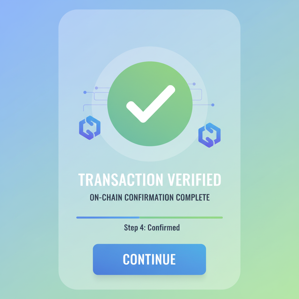 app confirmation screen showing on-chain transaction verified with green checkmark and blockchain icons