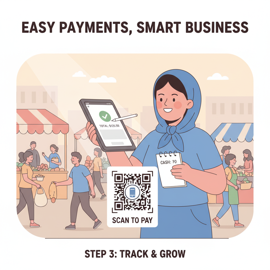 vendor tallying payments on notepad and app, QR code in foreground, busy market crowd, motivational vibe