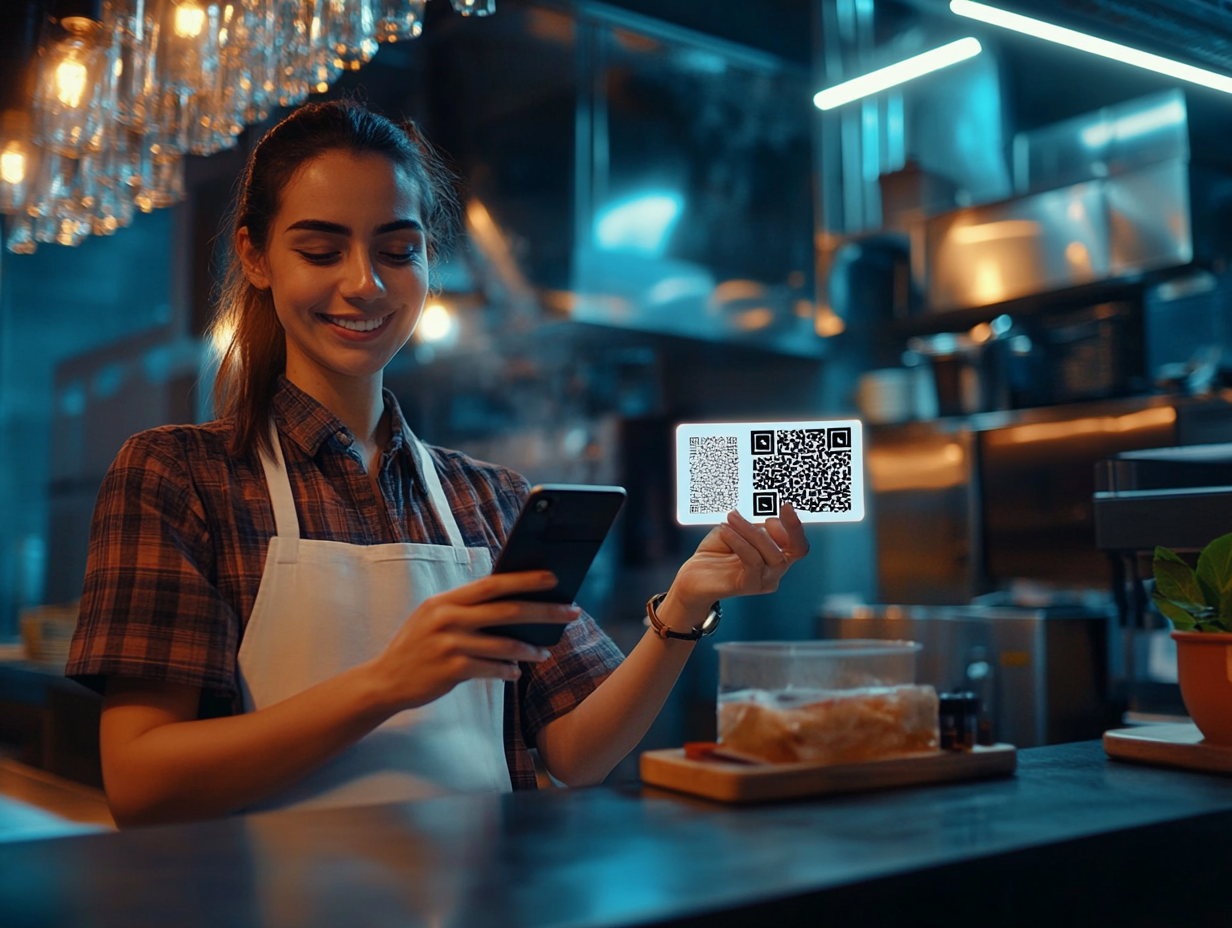 Vibrant farmers market stall with large StableQRPay QR code accepting USDC and USDT stablecoin payments, customers scanning phones for seamless crypto transactions