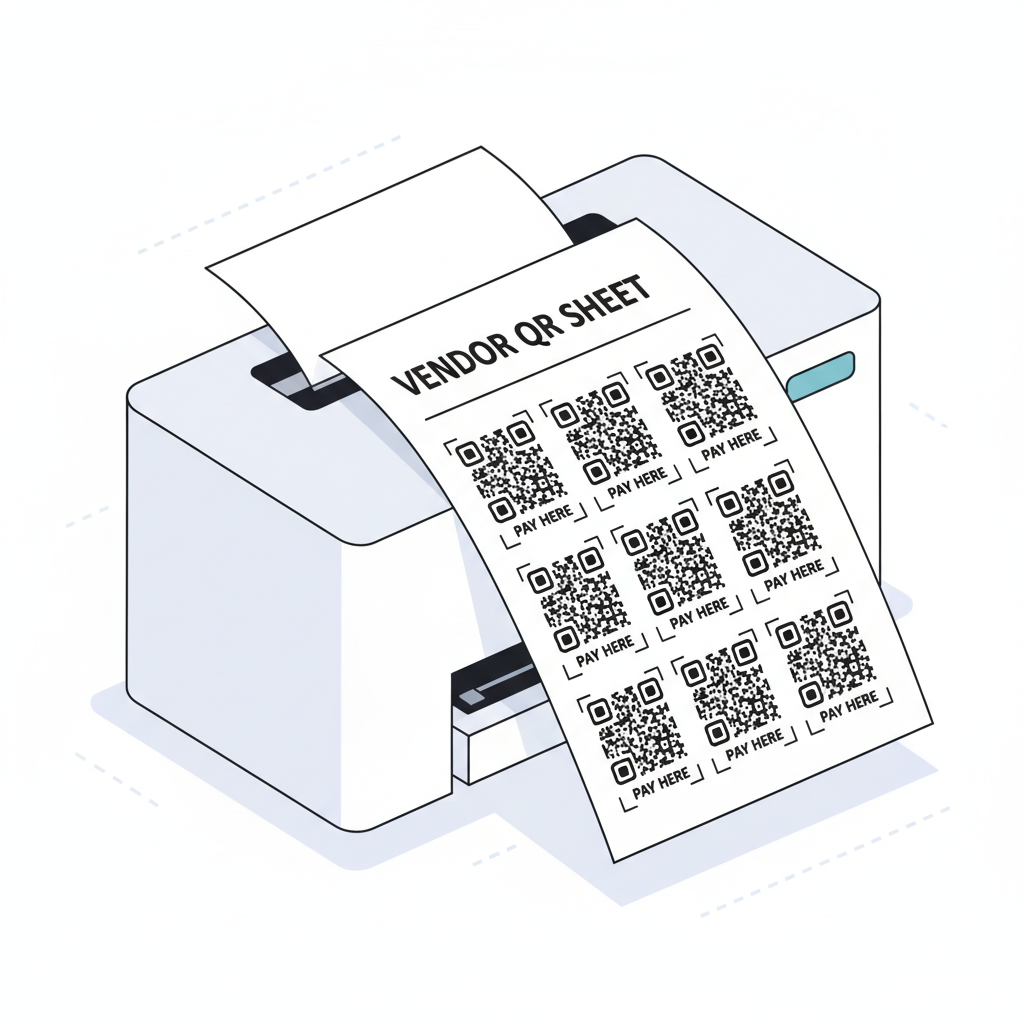 printer outputting QR code sheet for street vendor, close-up technical printout