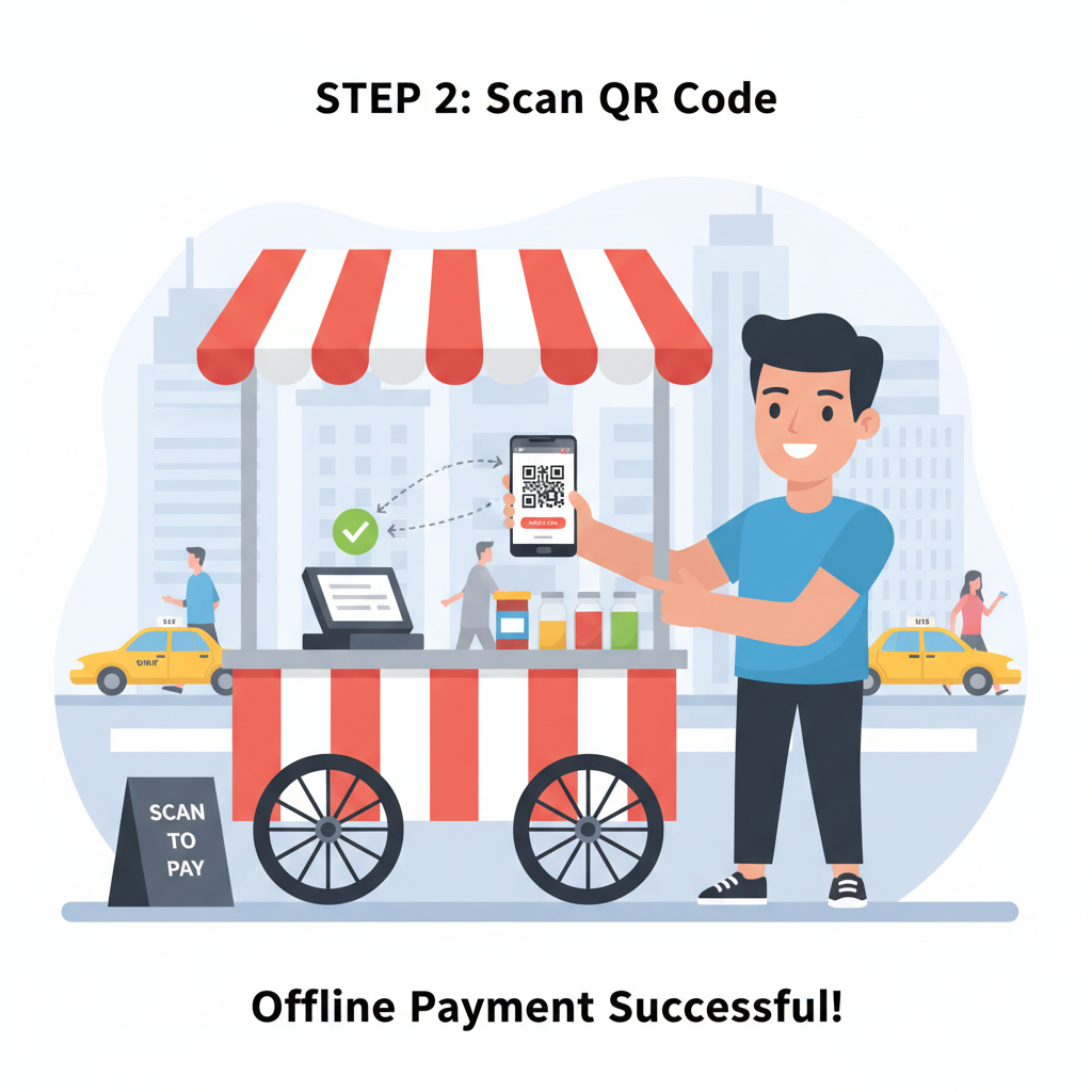 street food cart vendor testing QR scan on phone wallet, offline POS terminal nearby, busy urban scene