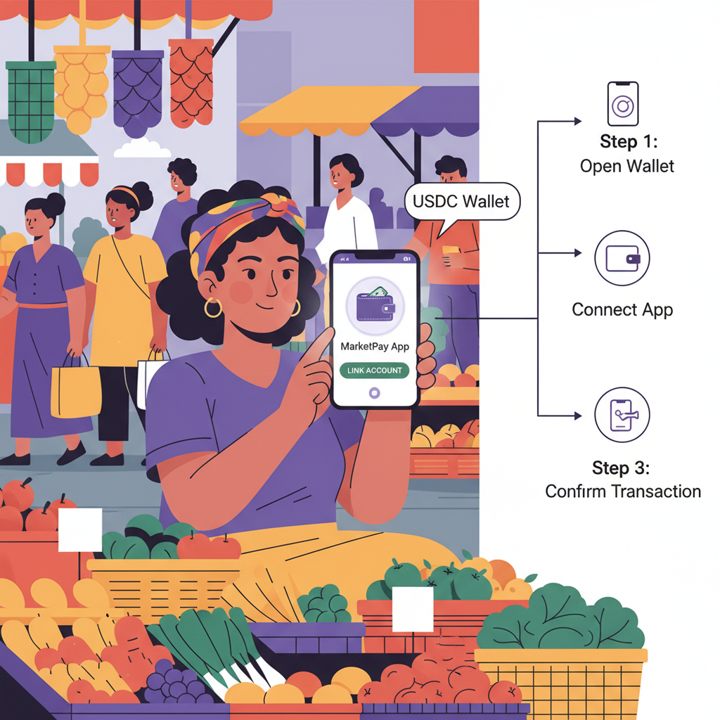 street vendor on smartphone linking USDC wallet to app at bustling market stall, vibrant colors, mobile screen glow