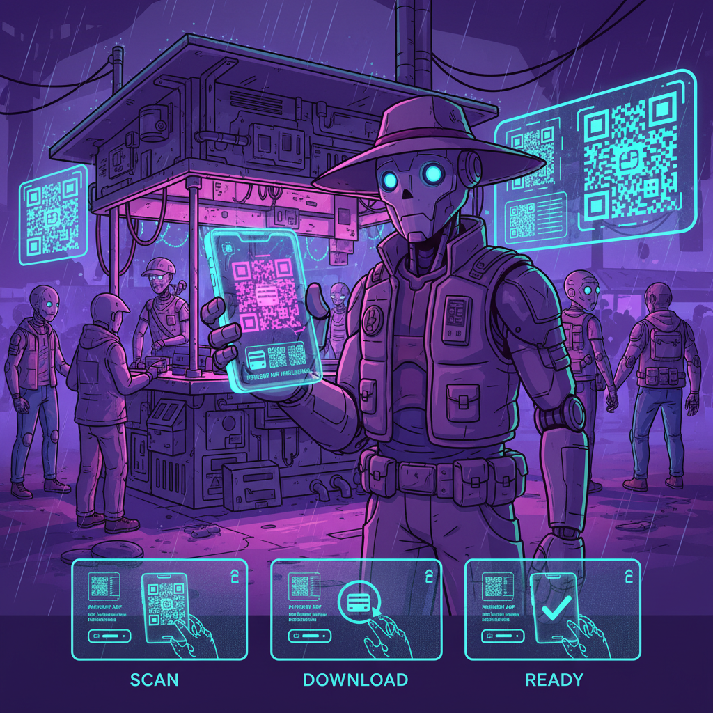 street vendor smartphone installing payment app, futuristic neon QR codes glowing, vibrant market stall background, cyberpunk style