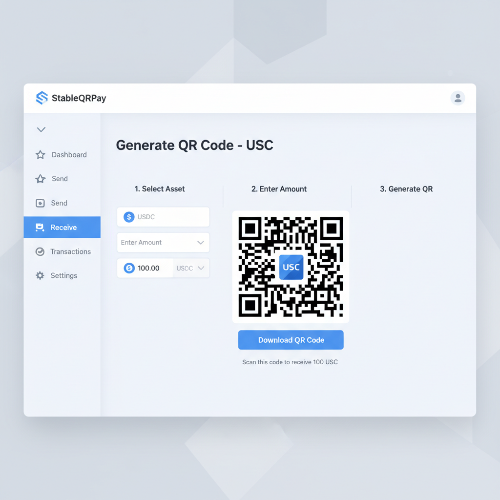 web interface of StableQRPay generating USDC QR code, modern dashboard