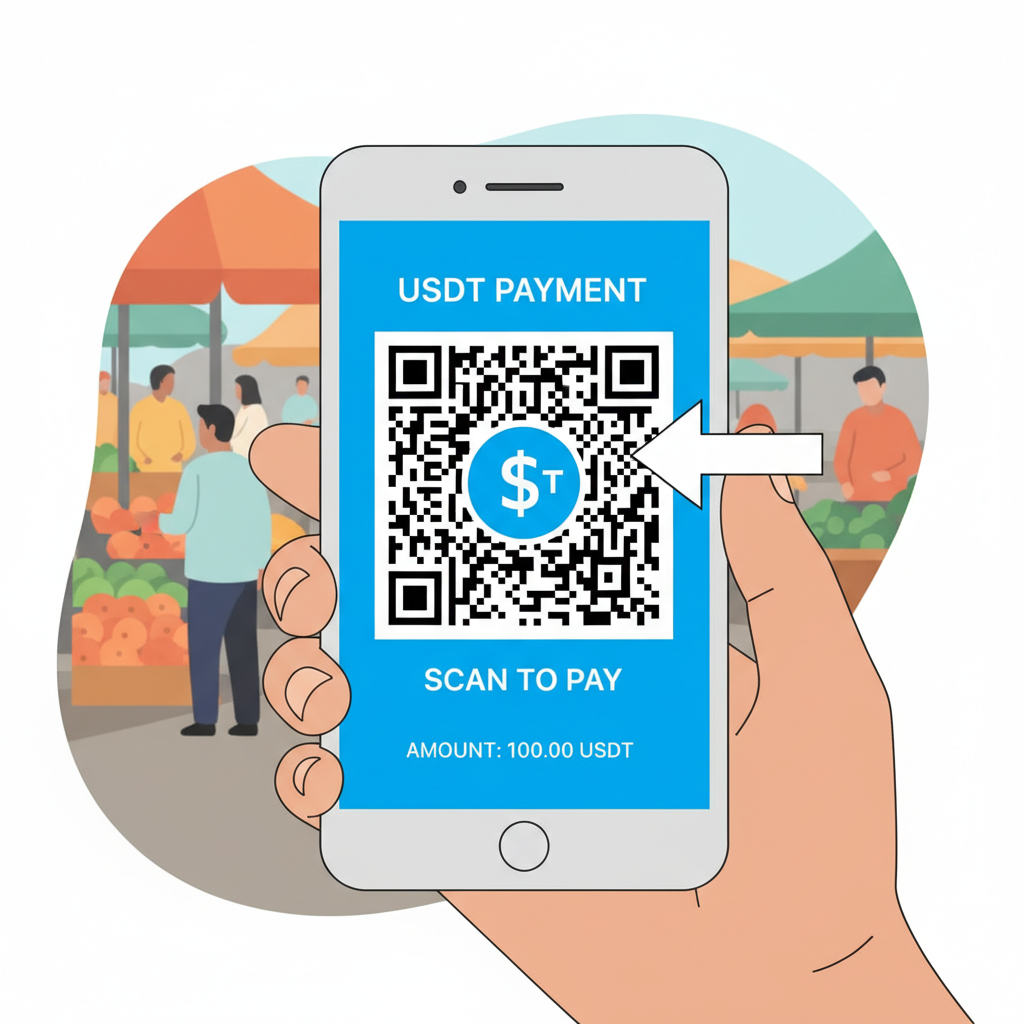 close-up of vendor's phone screen displaying freshly generated USDT QR code for payment, market background, realistic