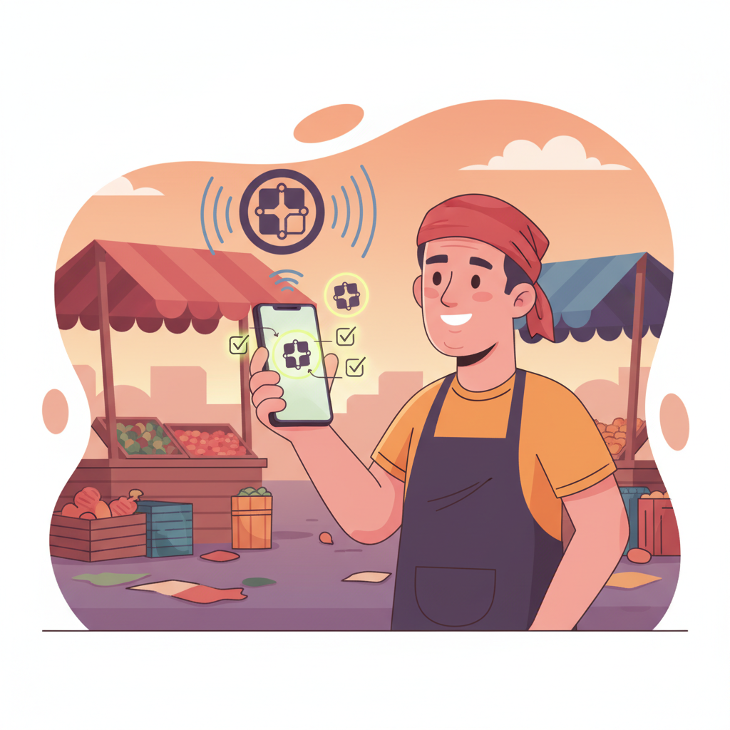 vendor phone syncing with wifi signal bars, blockchain icons verifying payments, relieved expression, market end of day