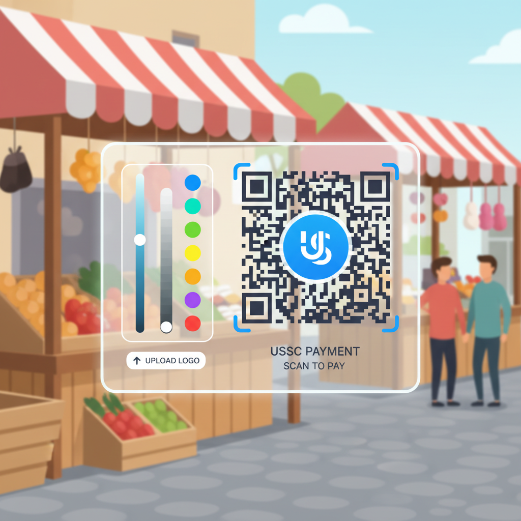 QR code customizer tool with color picker, logo upload, sample branded USDC QR, vendor stall background, high-tech editor interface