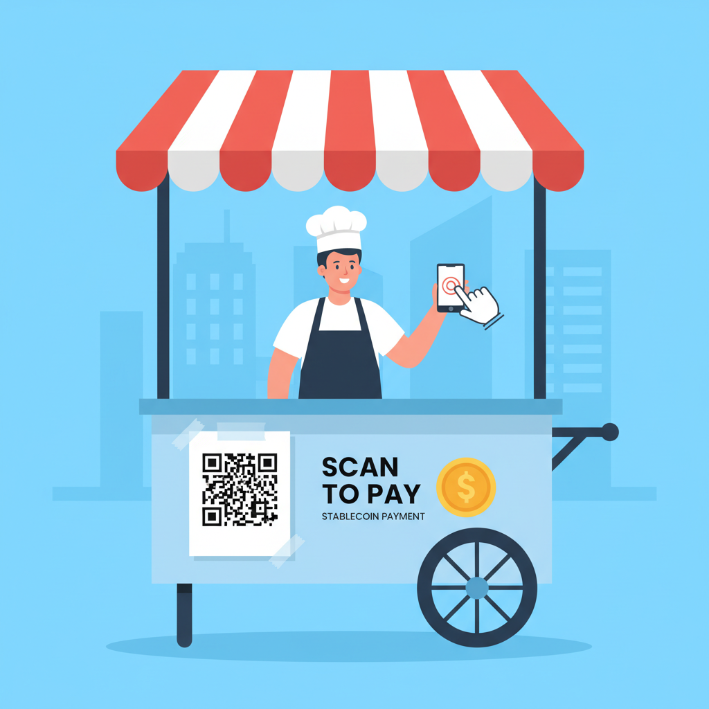 printed QR code taped on street vendor stall food cart stablecoin payment