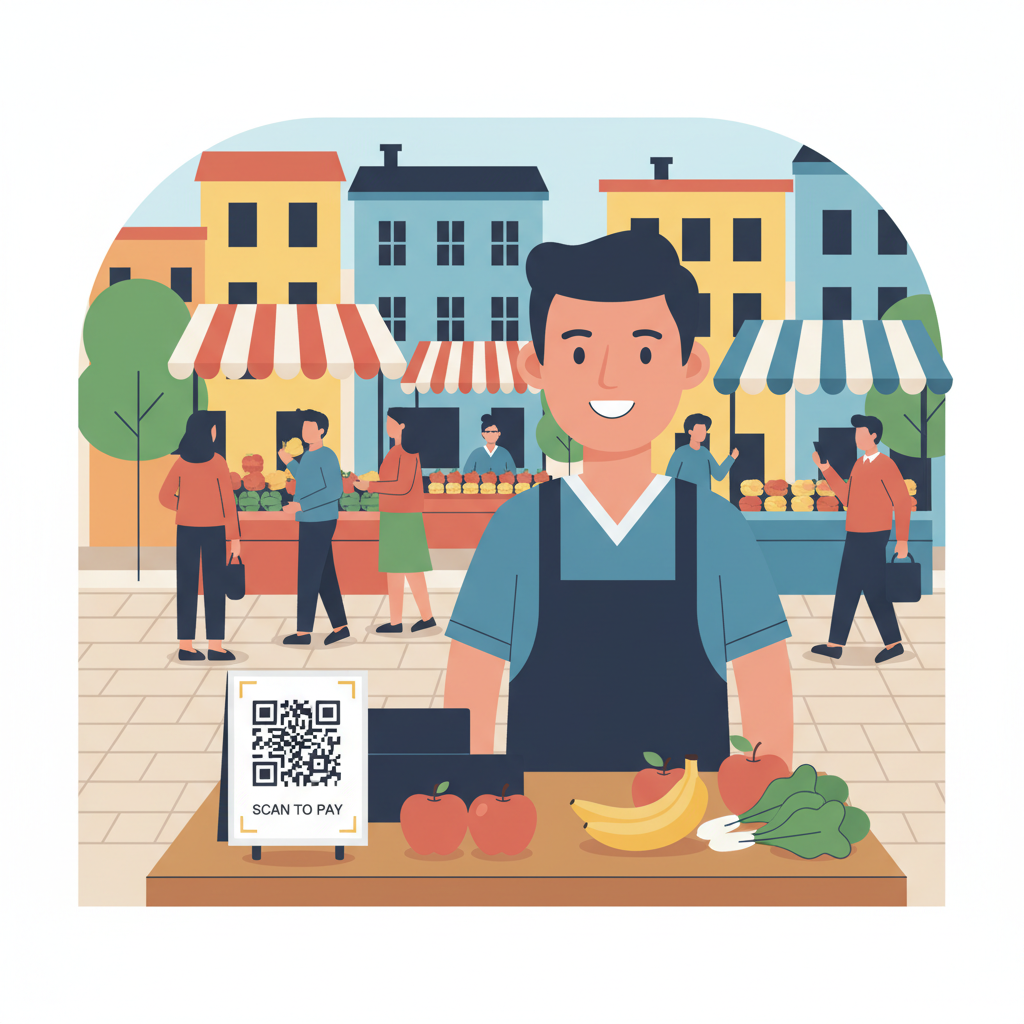 vendor displaying printed QR code on market stall table, busy street market background, detailed realistic