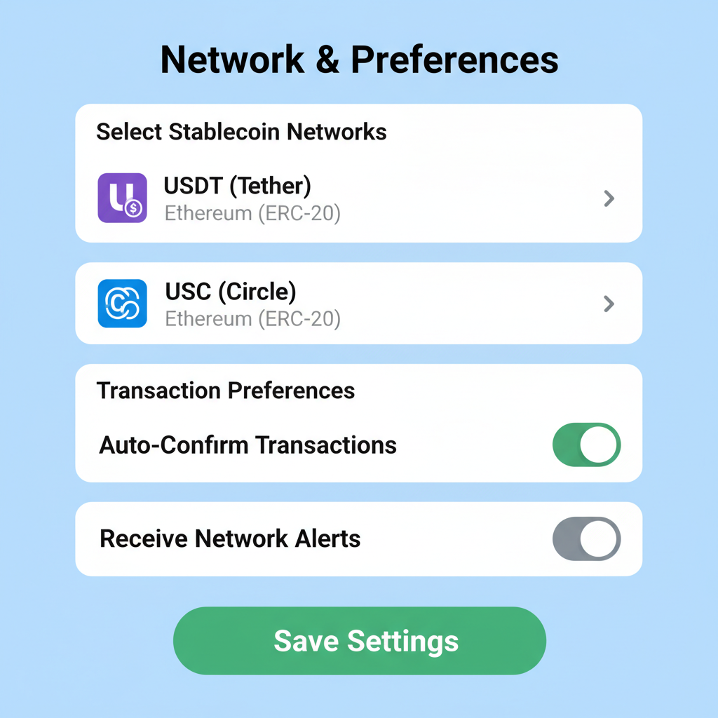 app settings screen for selecting USDT USDC networks and preferences