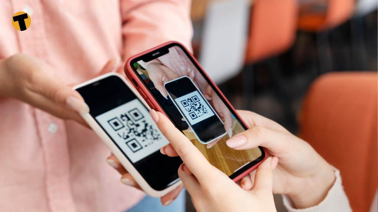 Vibrant street vendor in 2026 market scanning USDC QR code on smartphone for seamless offline stablecoin payments with diverse customers