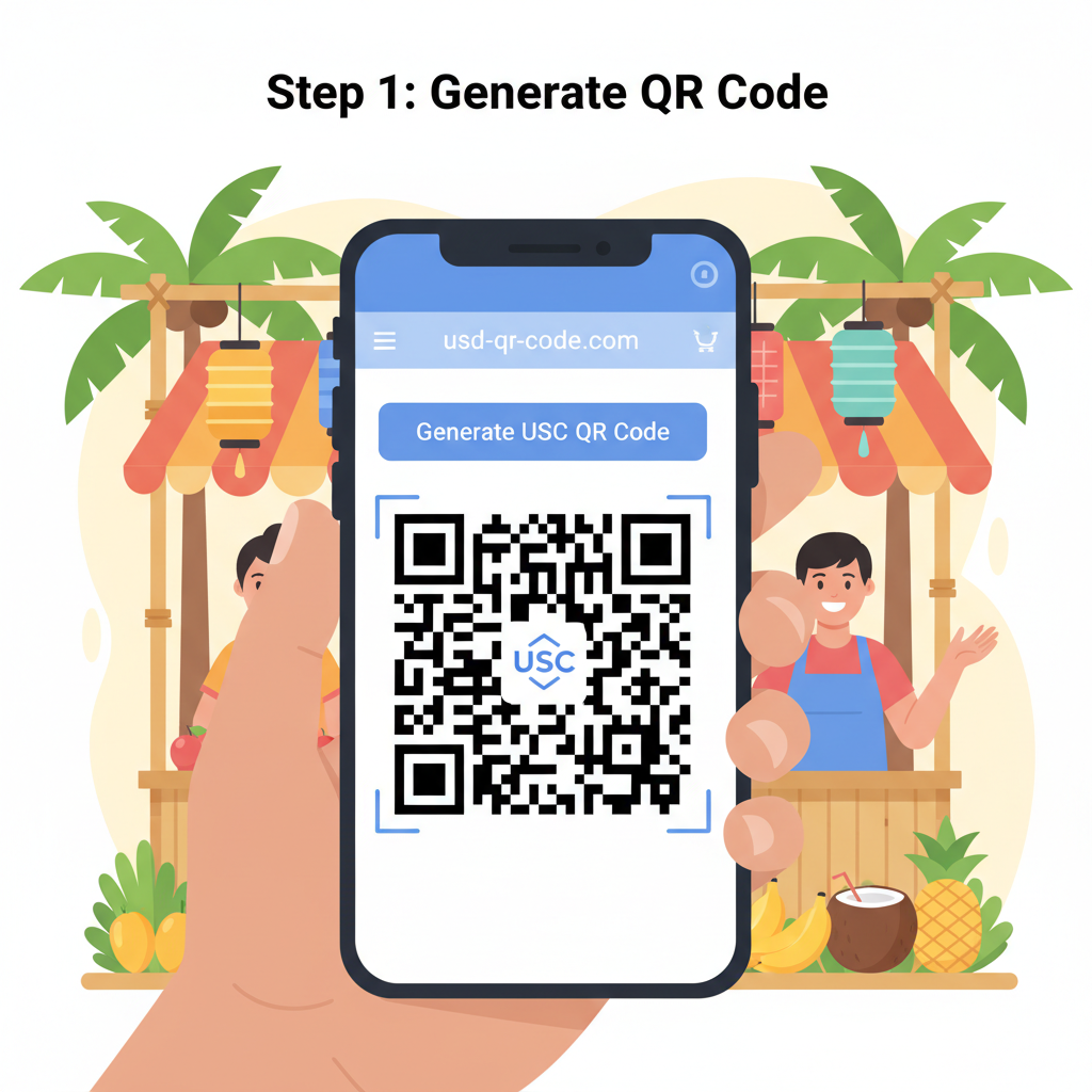 laptop or phone browser on usd-qr-code.com generating USDC QR, clean interface, tropical street vendor vibe