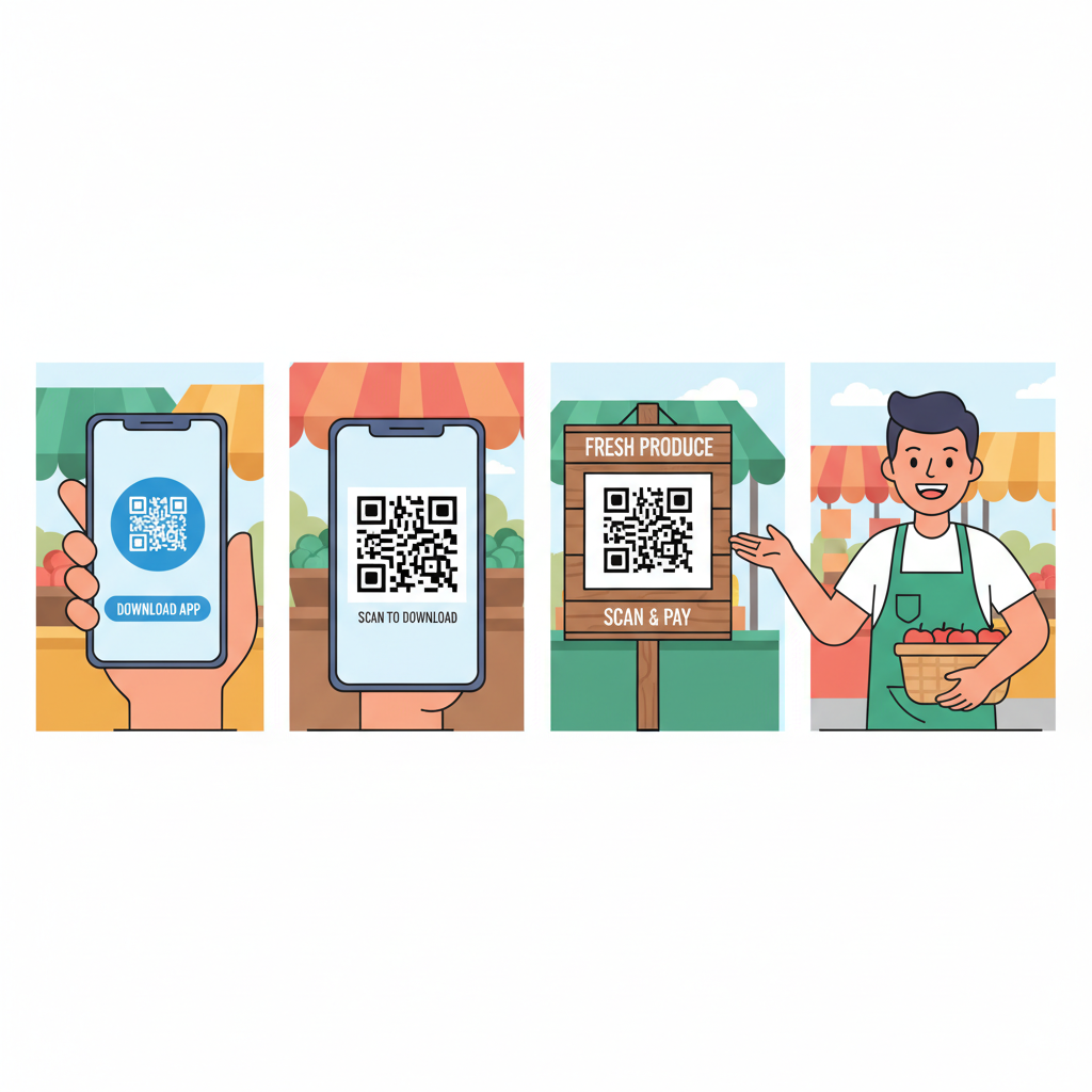 generating QR code on mobile app, download button, printed QR on stall sign, energetic vendor smiling